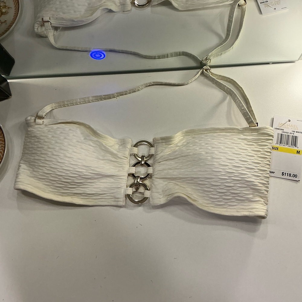 Michael Kors Cream Textured Ring-Front Bandeau Bikini Top